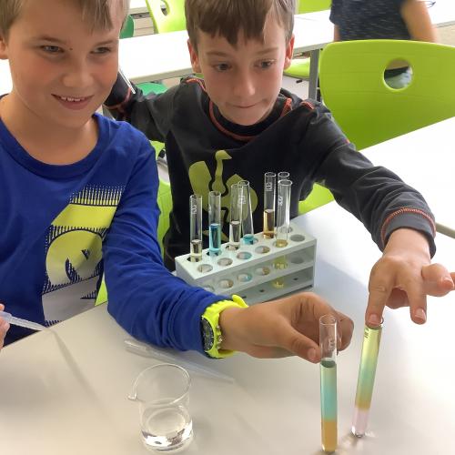 Zwei Kinder mit farbigen Flüssigkeitsschichten in zwei Reagenzgläsern