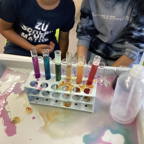 Reagenzgläser mit Lösungen in allen Farben des Regenbogens.
